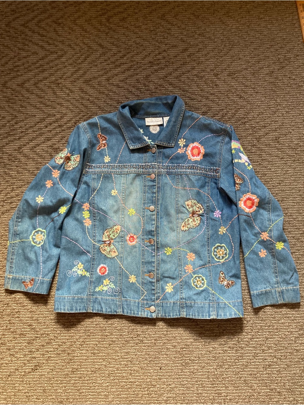 Embroidered Butterfly Denim Jean Jacket size XL Petite Draper’s & Damon’s